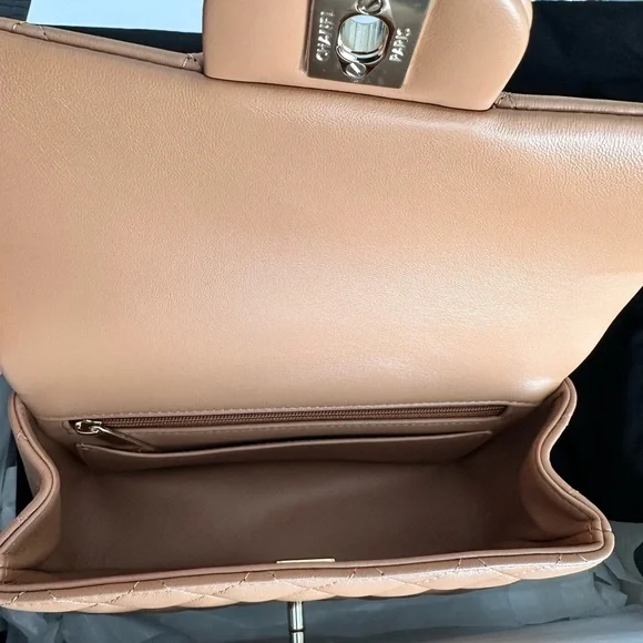 New Chanel 23P Mini Top Handle Flap Bag Lambskin Gold Caramel Dark Beige GHW NWT - Picture 4 of 6